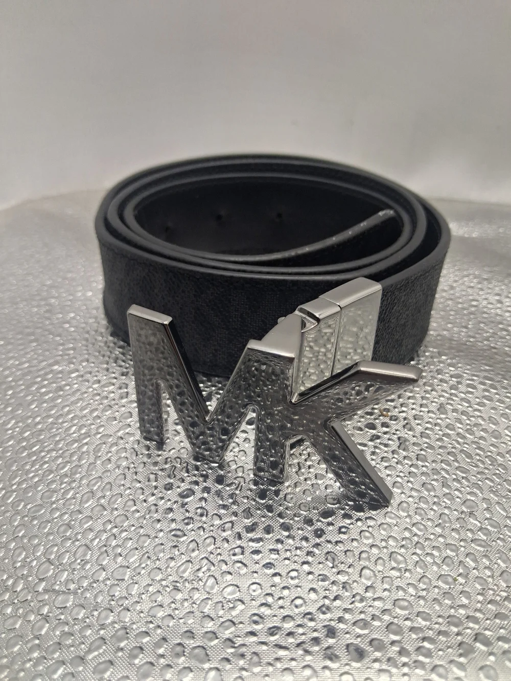 Michael Kors Black Leather Belt with MK Silver Buckle
